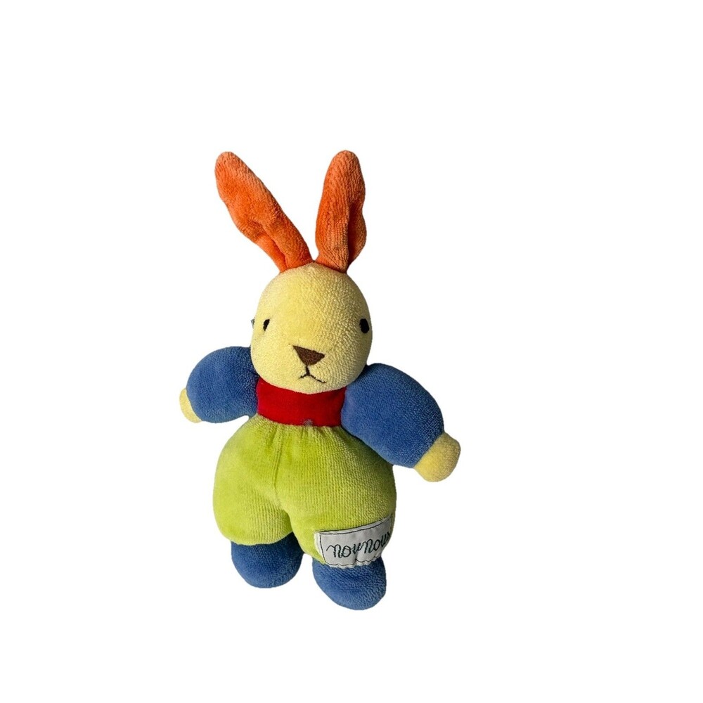 Vintage Nounours Plush Bunny Rabbit Rattle Multi Color Terry Cloth Baby Rare